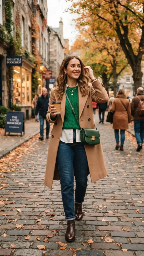 Green knit skirt paired with a neutral sweater and brown leather boots