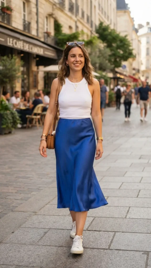 Blue satin midi skirt with a white tank for an elegant holiday look.