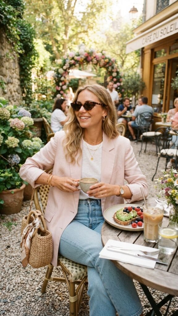 Blush blazer styled with tailored shorts and a white top for a chic summer brunch.