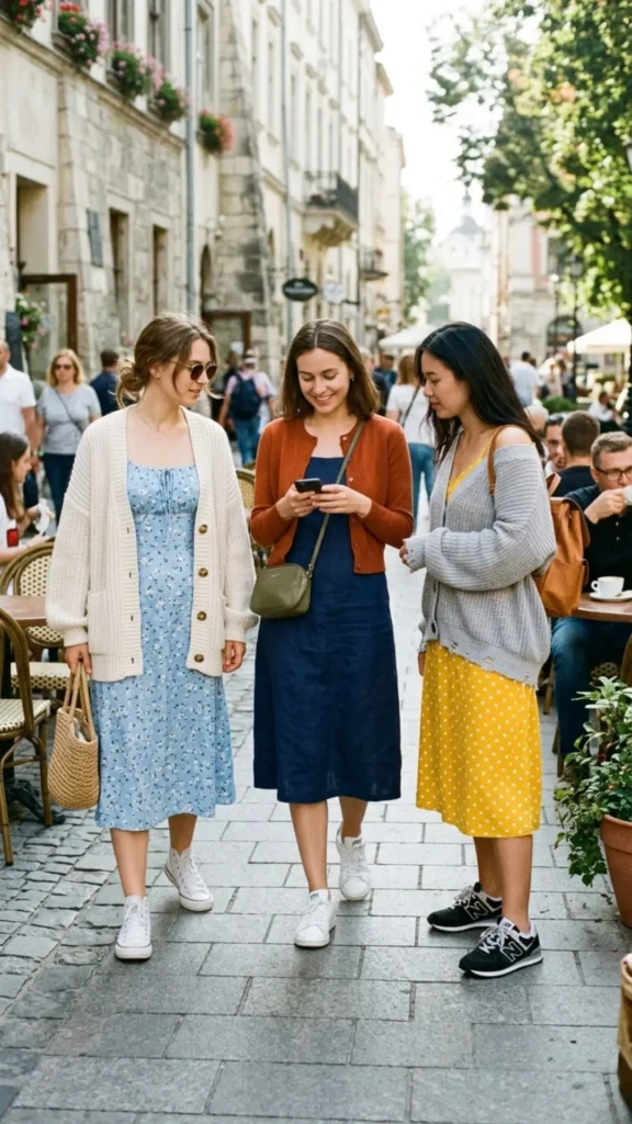 Cardigan and sundress paired with sneakers for a feminine back-to-school outfit.