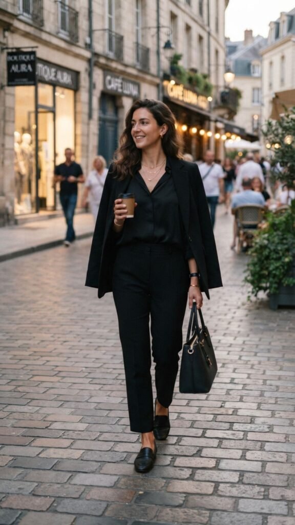 Black linen blouse and wide-leg trousers creating a sophisticated summer brunch look.