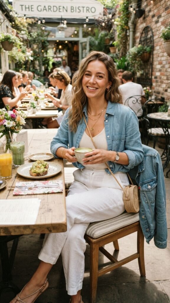 Lightweight chambray shirt paired with a white skirt for a relaxed brunch outfit.