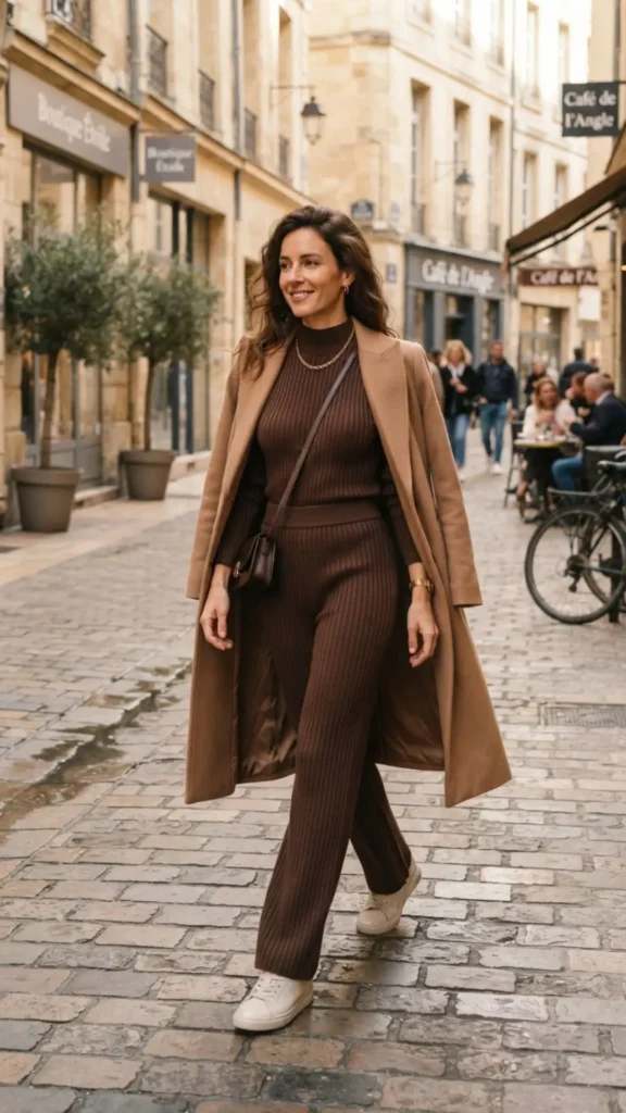 Chocolate brown rib-knit skirt with a cream turtleneck and suede boots