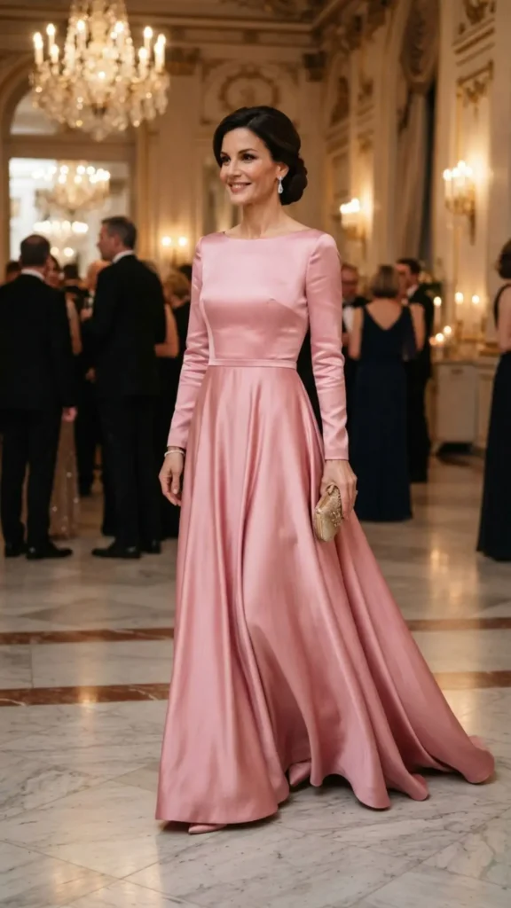 Elegant woman wearing a classic floor-length pink silk gown with flowing fabric for a timeless formal look.