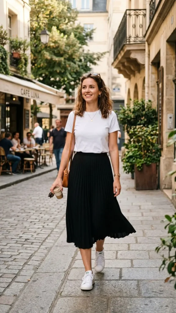 Classic White Tee + Black Midi Skirt