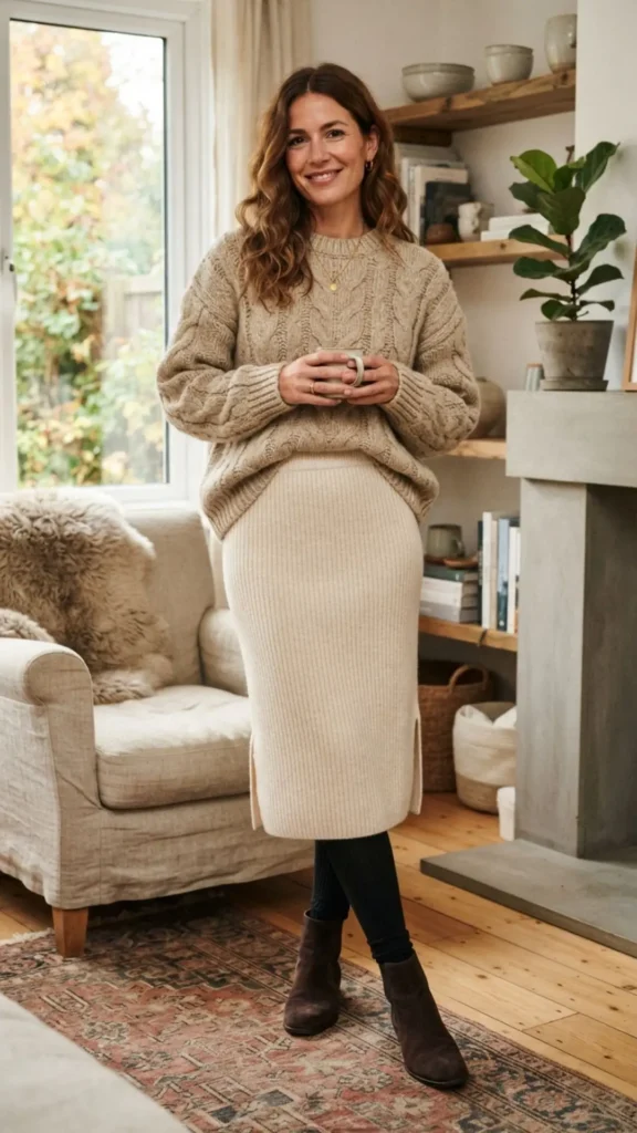Cream knit skirt with a chunky cable-knit sweater and knee-high boots