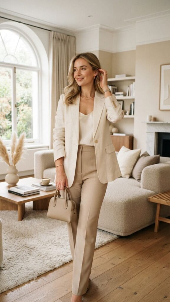 Chic all-beige summer outfit with tailored pieces for a polished brunch look.