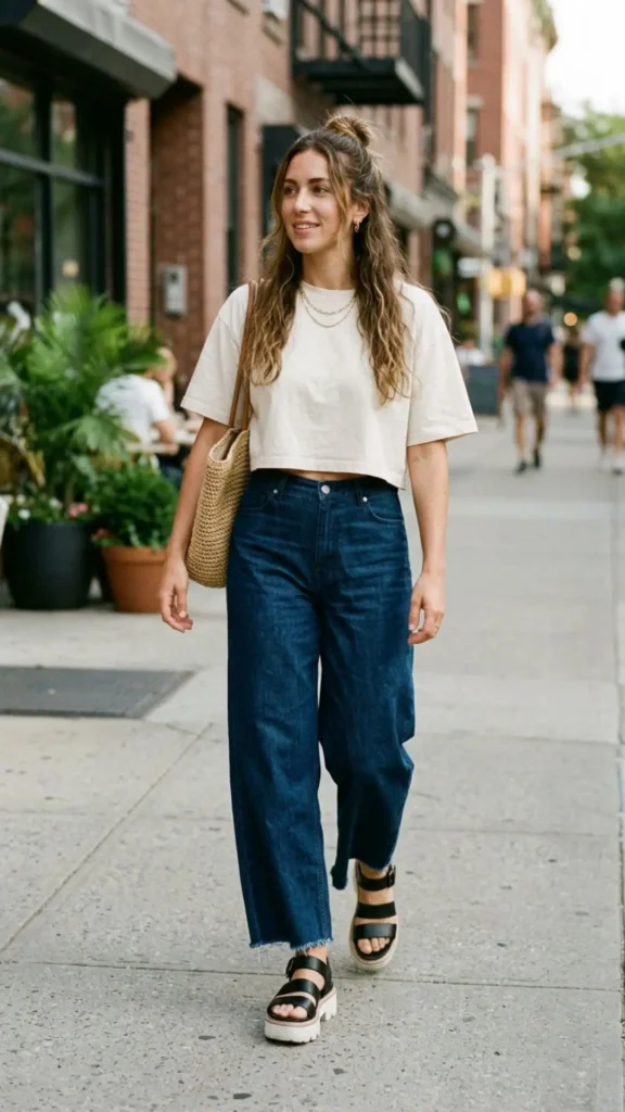 Crop T-shirt with wide-leg pants and platform sandals for a trendy school look.