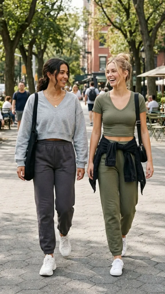 Cropped V-neck top paired with sweatpants for a relaxed school outfit.