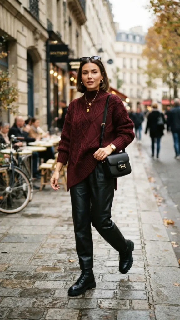 Deep burgundy knit skirt styled with a black turtleneck and boots.