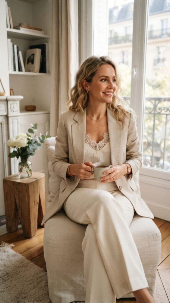 Elegant cream lace blouse paired with beige trousers for a refined brunch outfit.