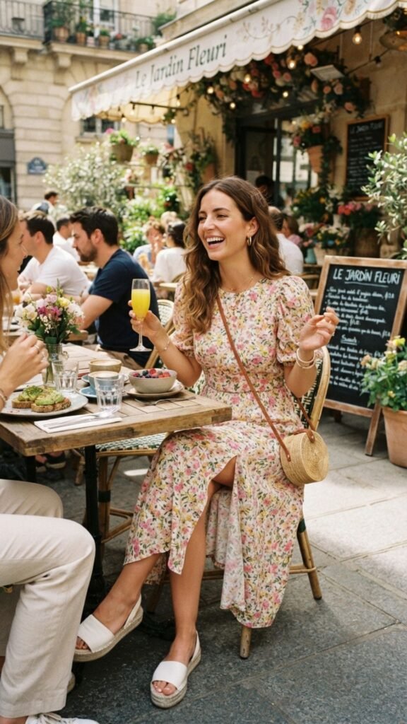 Floral midi dress styled with sandals and a woven handbag for brunch.
