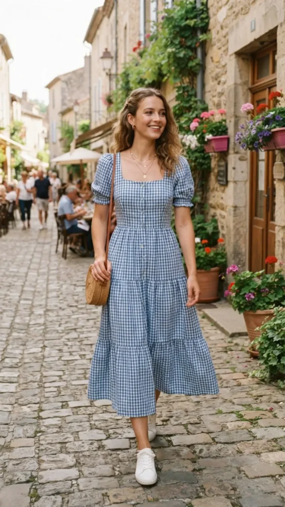 Gingham midi dress creating a classic and feminine Labor Day outfit.