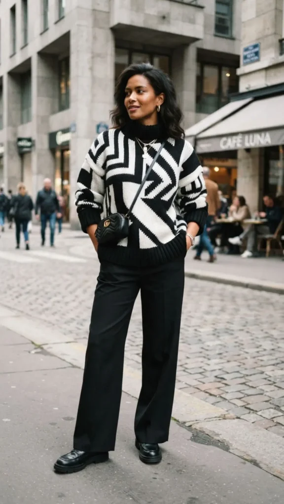 Black and white patterned knit skirt styled with a solid turtleneck