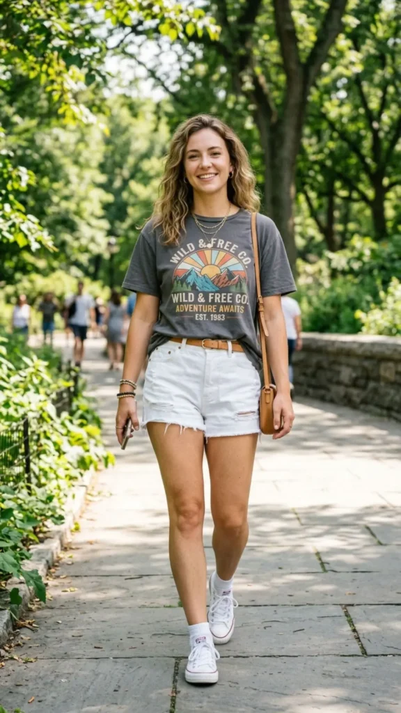 Graphic T-shirt and white shorts creating a casual summer school outfit.