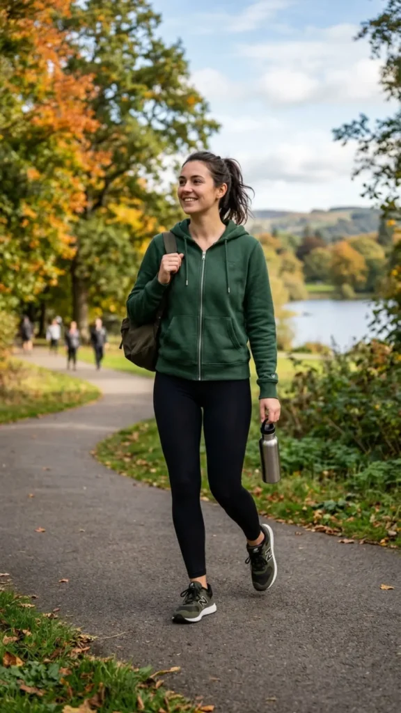 Green zippered hoodie with yoga pants and sneakers for a cozy school outfit.