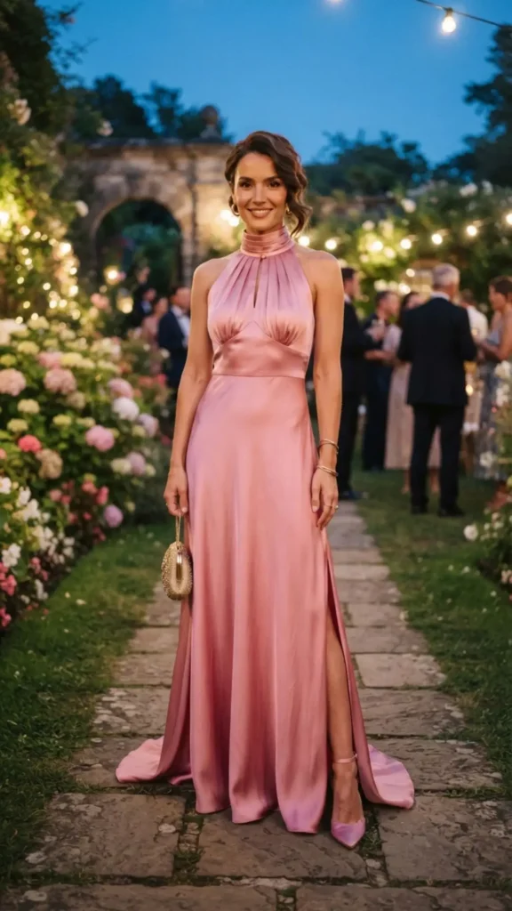 Refined high-neck pink silk dress with a polished silhouette for elegant evening celebrations.
