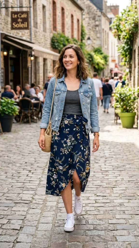 Jean jacket, wrap skirt, tank top, and white sneakers back-to-school outfit.