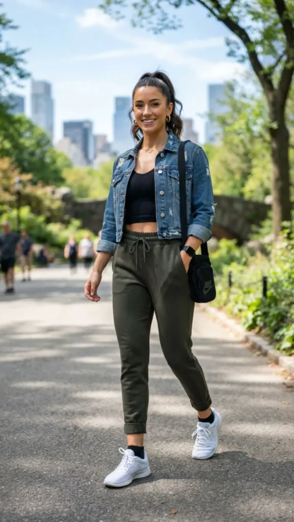 Joggers styled with a cropped tank and denim jacket for casual comfort.