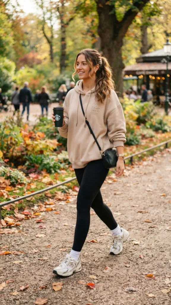 Black leggings with oversized hoodie and chunky sneakers for a stylish sporty look.