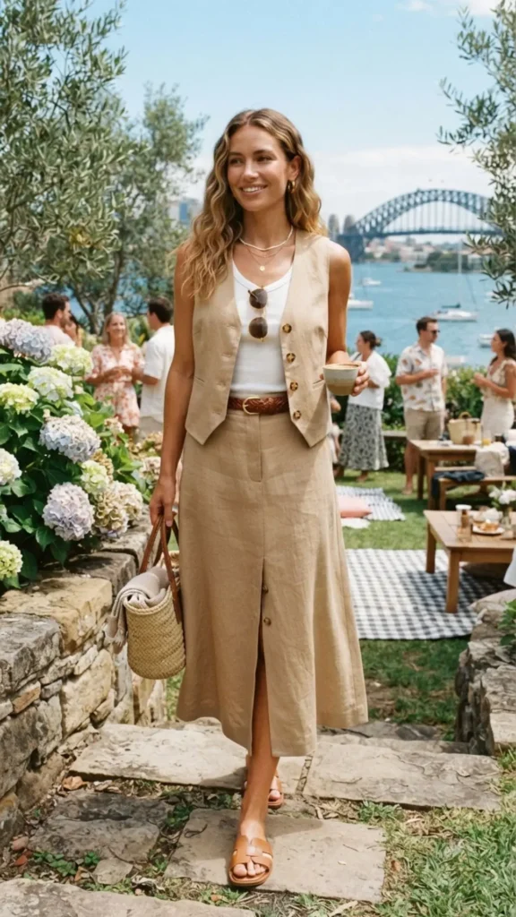 Linen vest and skirt set styled for a chic Labor Day outfit.