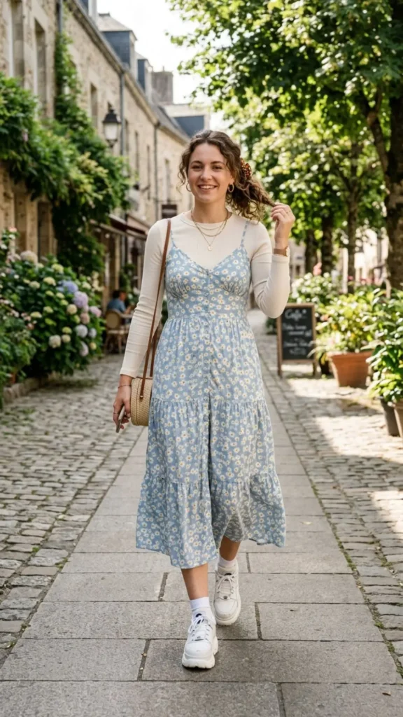 Long-sleeved shirt layered under a sundress with platform sneakers for school.