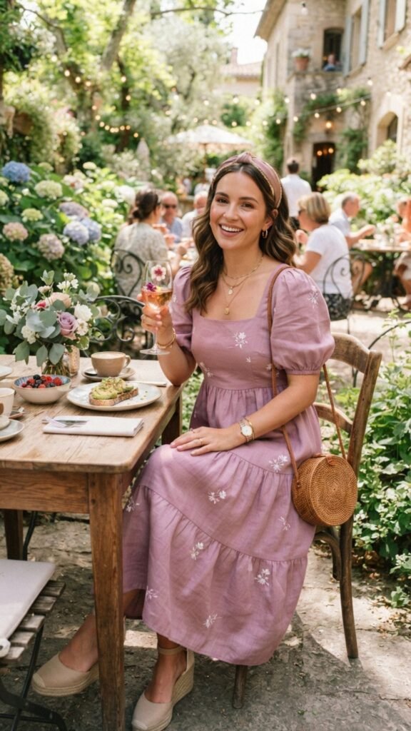 Romantic mauve dress styled for a feminine and elegant summer brunch.