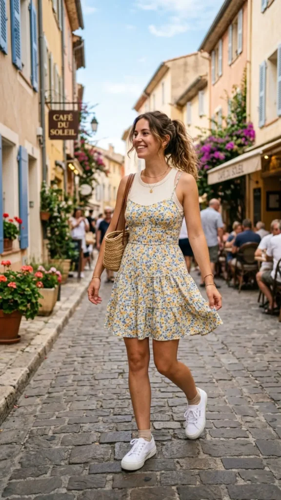 Mini sundress styled with a tank top and comfortable sneakers for school.