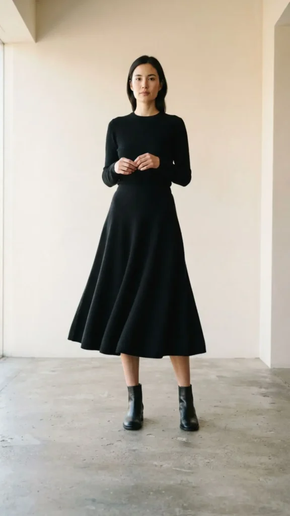 Black flowing knit skirt with a crisp white sweater and loafers.