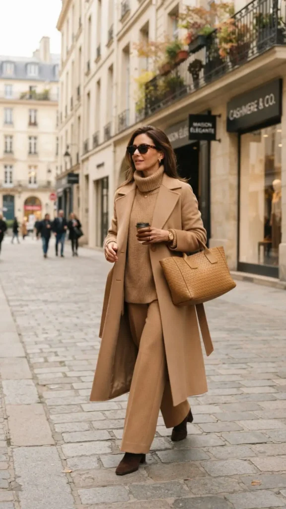 Camel-knit skirt with matching sweater and knee-high boots.