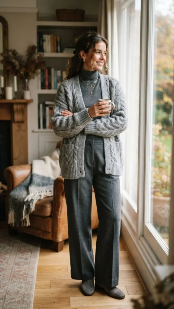Grey knit skirt paired with an oversized sweater and suede boots