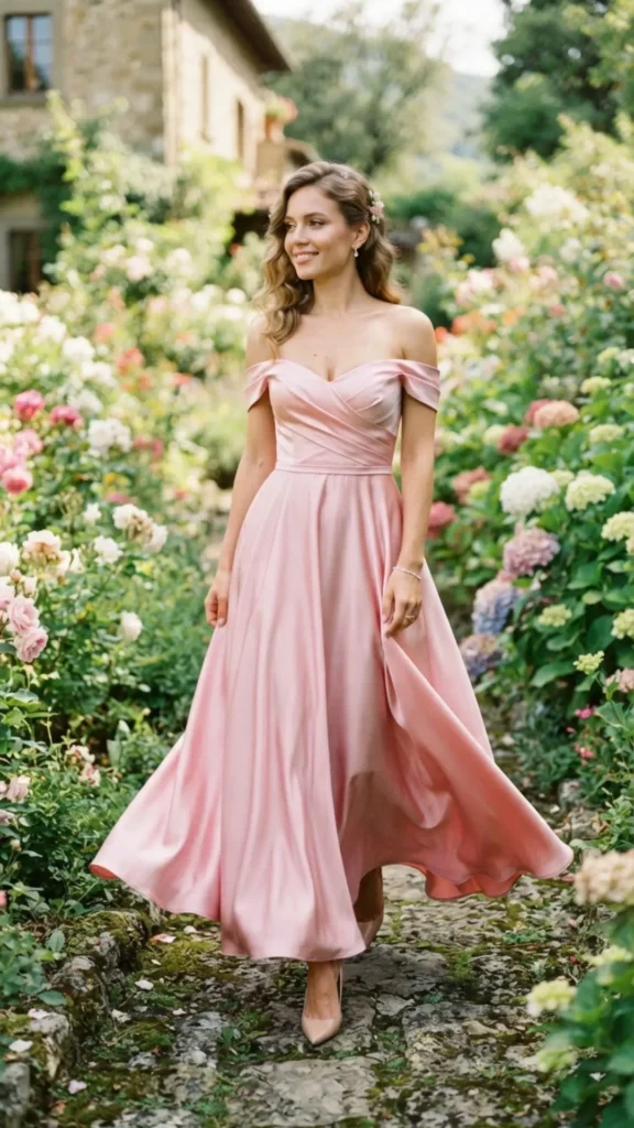 Romantic off-shoulder pink silk dress styled with statement earrings for an elegant special occasion.