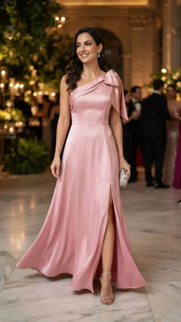 Modern one-shoulder pink silk dress styled with metallic heels for a sophisticated party outfit.