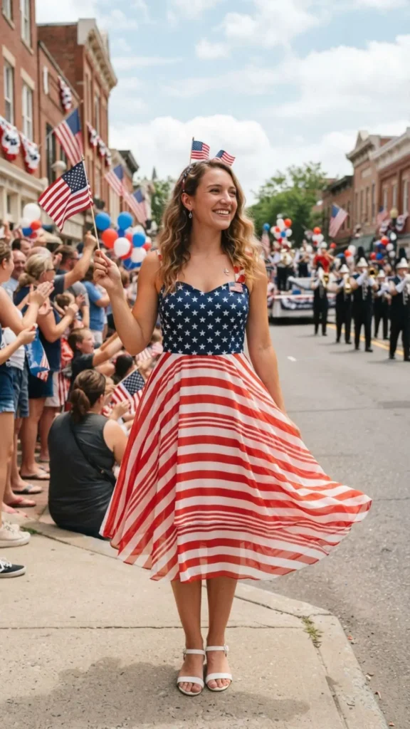 Patriotic dress in festive colors for a stylish Labor Day celebration.