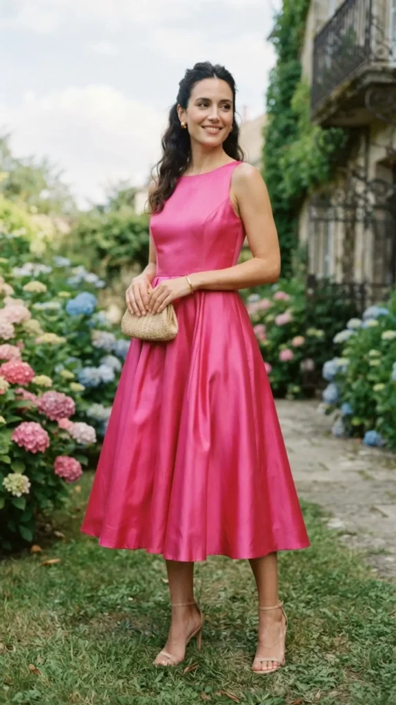 Classic pink silk A-line dress with a flattering fit, ideal for weddings and daytime events.