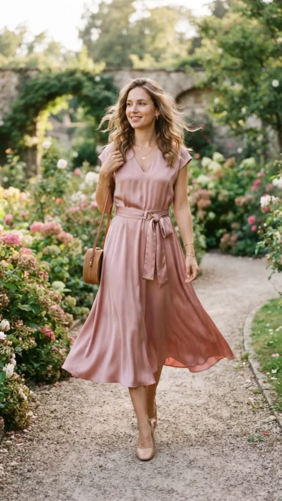 Chic pink silk dress featuring a belted waist that creates a flattering and polished silhouette.