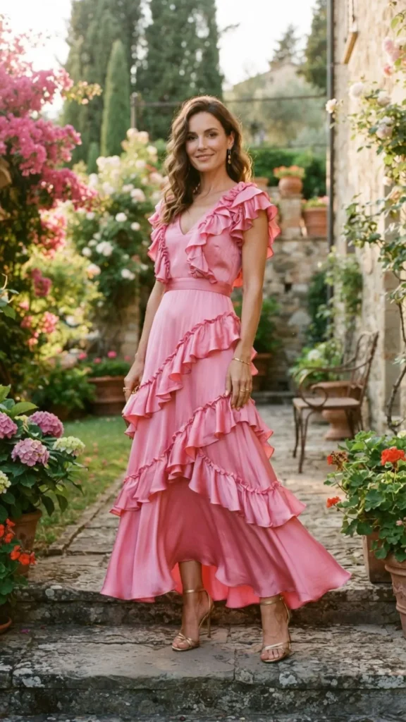Romantic pink silk dress with delicate ruffle details for a graceful and timeless outfit.