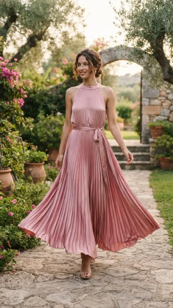 Flowing pleated pink silk maxi dress creating a luxurious and graceful formal event look.