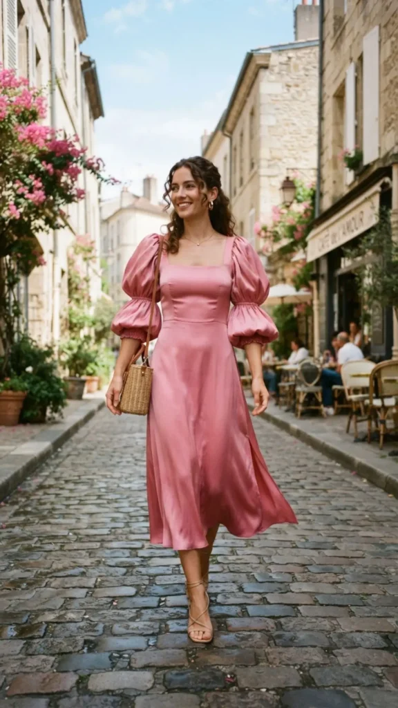 Sophisticated pink silk midi dress featuring trendy puff sleeves for a graceful feminine style.