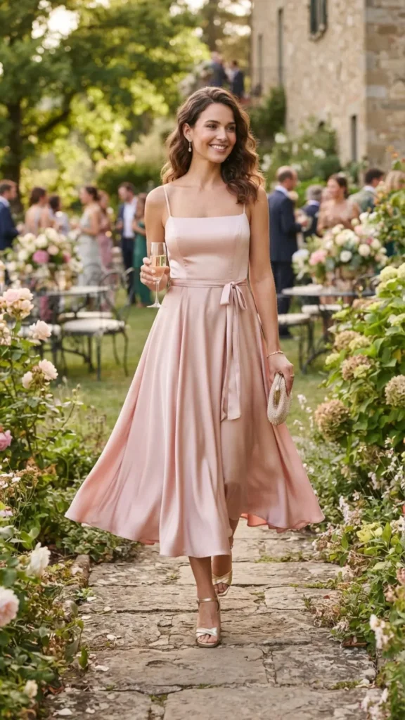 Vintage-inspired pink silk tea-length dress with a timeless silhouette for elegant daytime occasions.