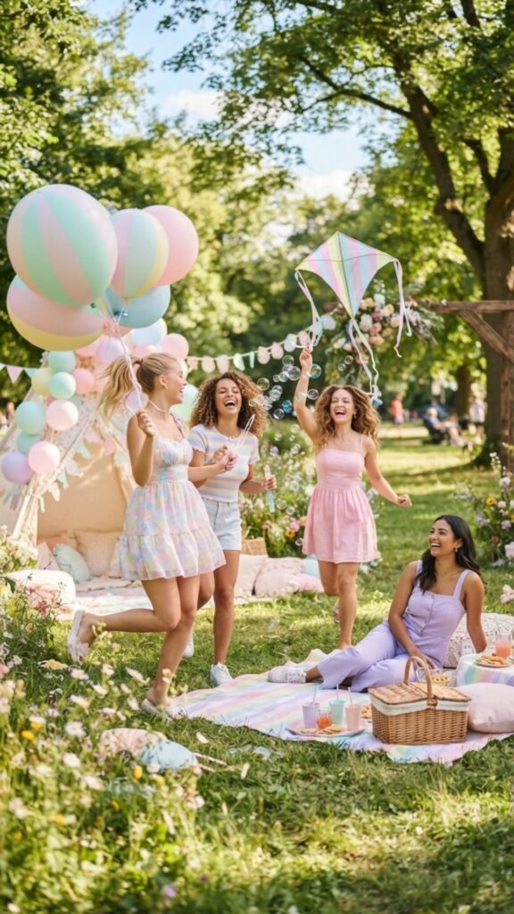 Playful pastel blouse and skirt combination for a fresh outdoor brunch look.