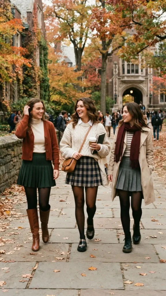 Pleated knit mini skirt styled with a fitted turtleneck and loafers