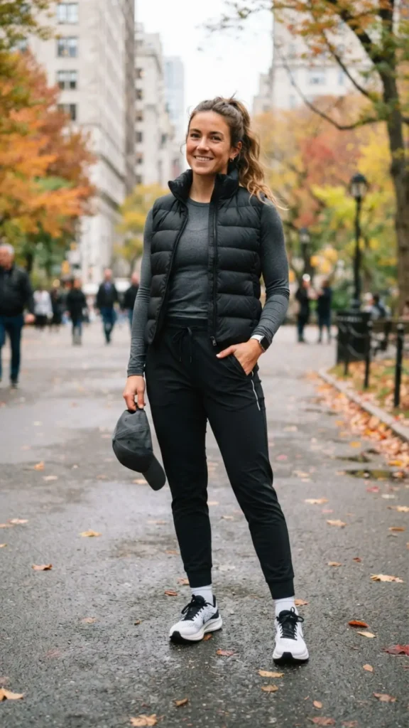 Puffer vest layered over fitted long-sleeve top with comfortable joggers.