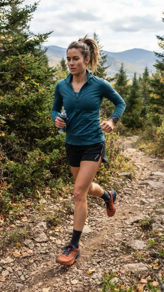 Quarter-zip pullover with running shorts and trail sneakers for active days.