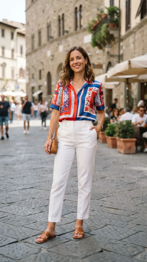 Red, white, and blue blouse with white trousers for a festive look.