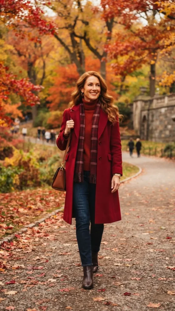 Deep red knit skirt styled with a cream blouse and black knee-high boots
