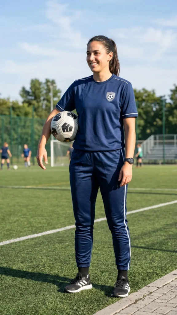Soccer shirt and track pants creating a sporty back-to-school outfit.