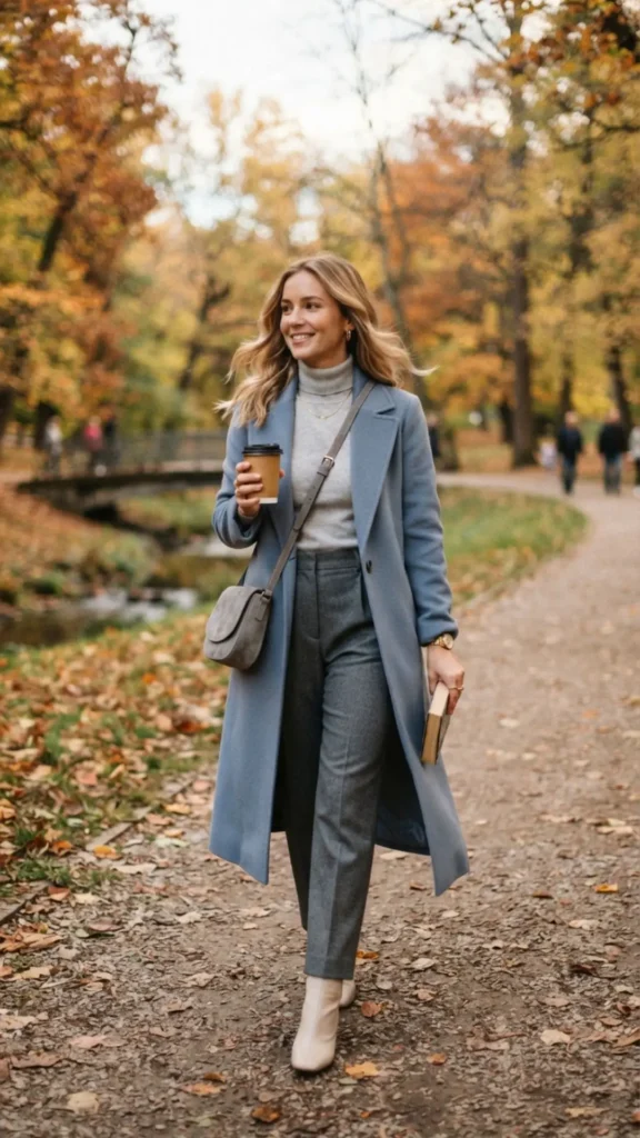 Soft blue sweater paired with a grey knit skirt and suede boots