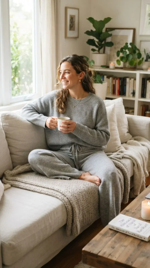 Grey knit skirt with a matching sweater and white sneakers