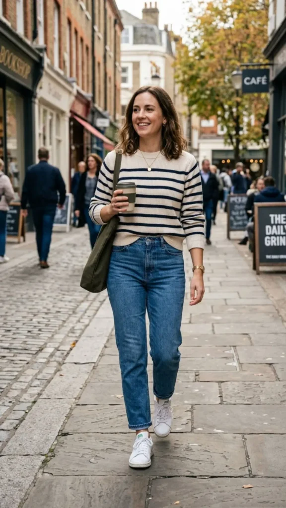 Striped sweater, jeans, and sneakers for a classic back-to-school look.